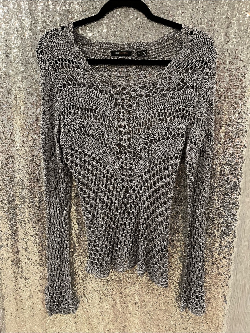 BCBGMaxAzria Gray Crochet Scoop Neck Open-Knit Sweater